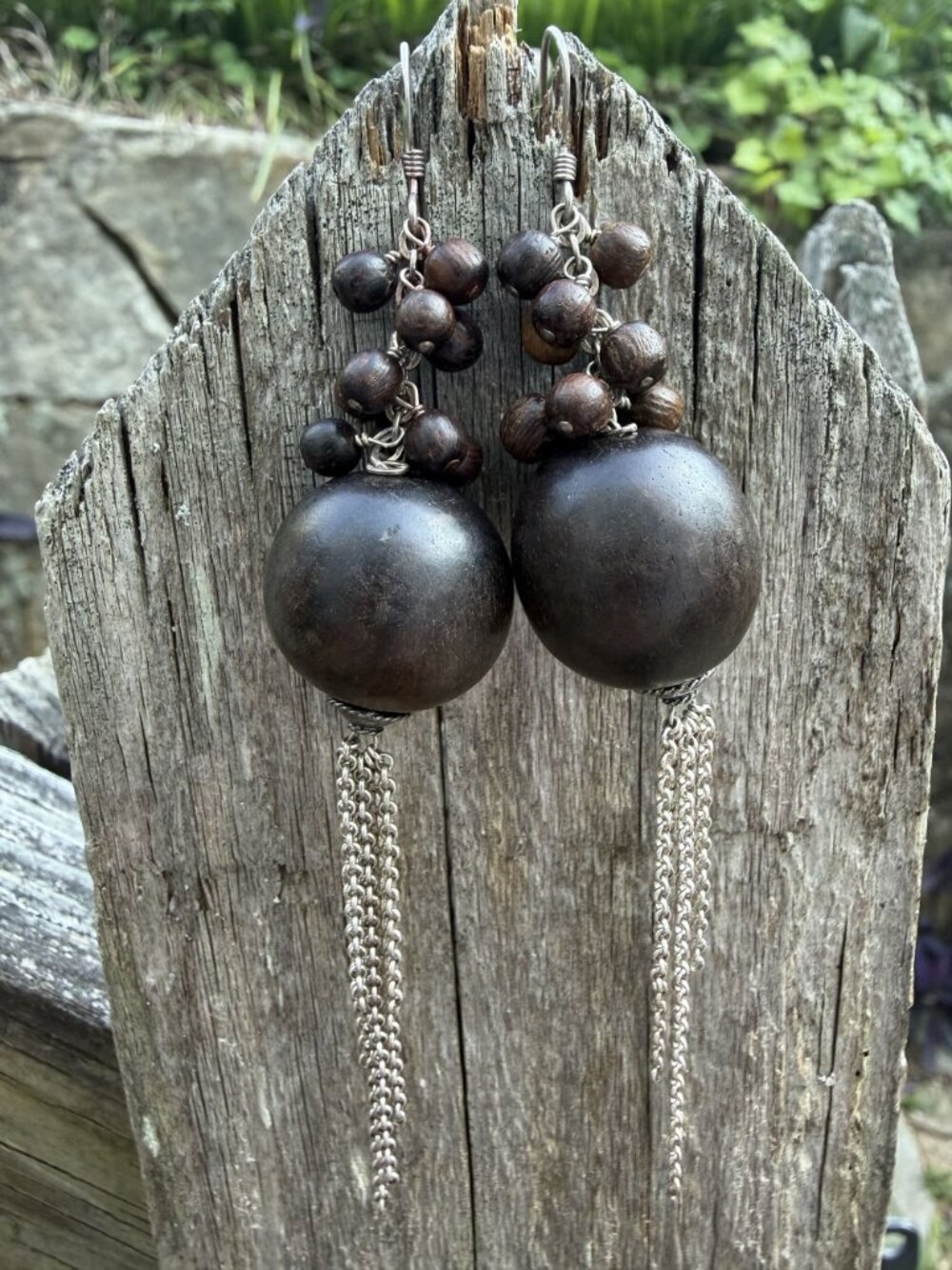 Y2K Boho Wood Bead Dangle Earrings Silver Chain Tassel Statement Earthy 00s